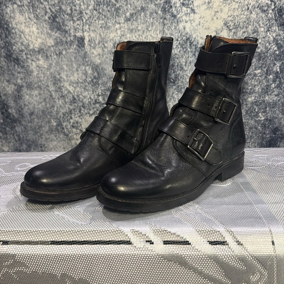Frye black leather buckle motorcycle boots - Picture 3 of 7